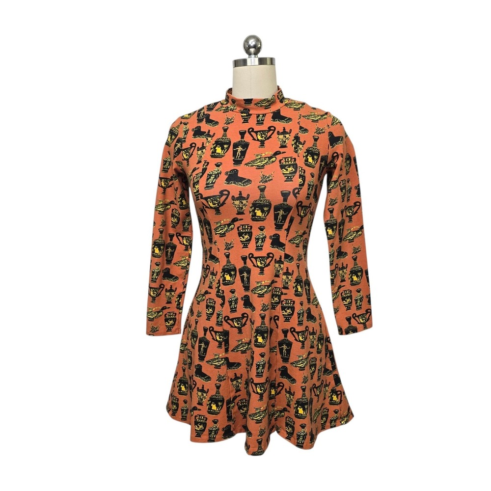 Nooworks Greek Pottery Amphora Print Fit and Flare Mini Dress Orange Size Medium